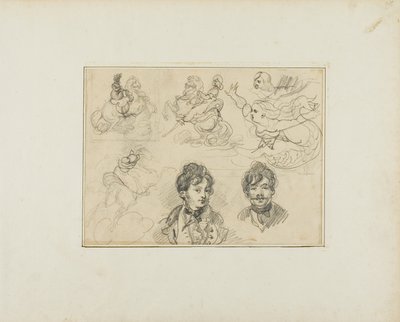 Blad met schetsen: Ruiters, zeemeerminnen en twee portretten van jonge mannen door Jean Louis André Théodore Géricault