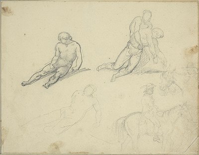 Schetsen: Liggend naakt, man die het lichaam ondersteunt van door Jean Louis André Théodore Géricault