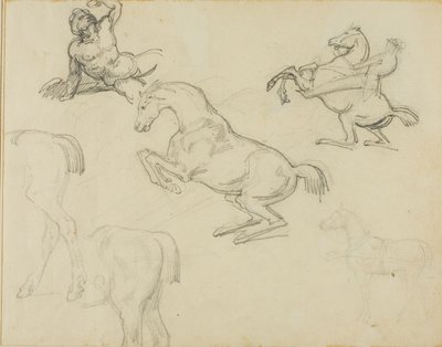 Schetsen: Liggend naakt, een ruiter en verschillende paarden door Jean Louis André Théodore Géricault