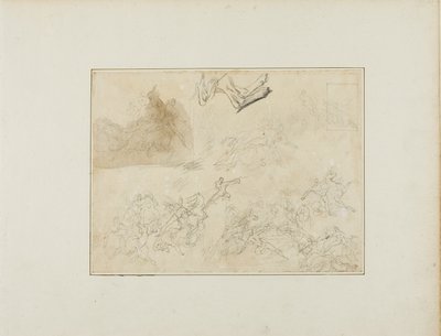 Schetsen voor een cavalerieslag; de achterpoten van een hond door Jean Louis André Théodore Géricault