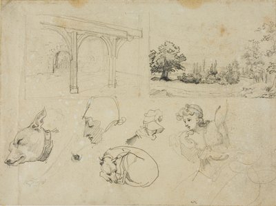 Schetsen van een schuurtje, een landschap, honden en verschillende figuren door Jean Louis André Théodore Géricault