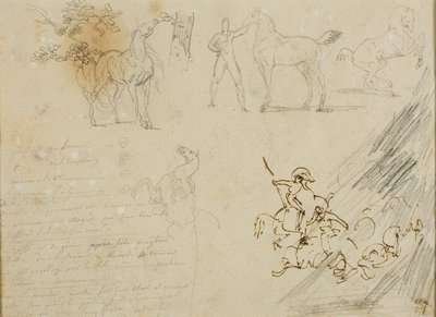 Schetsen van paarden, bruidegom die paard vasthoudt, een cavalerieslag door Jean Louis André Théodore Géricault