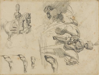 Schetsen van paarden, soldaten en hoeven door Jean Louis André Théodore Géricault