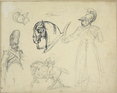 Schetsen van paarden en soldaten door Jean Louis André Théodore Géricault