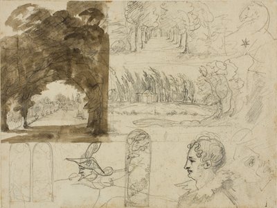 Schetsen van parkgezichten, hoofden, een paard door Jean Louis André Théodore Géricault
