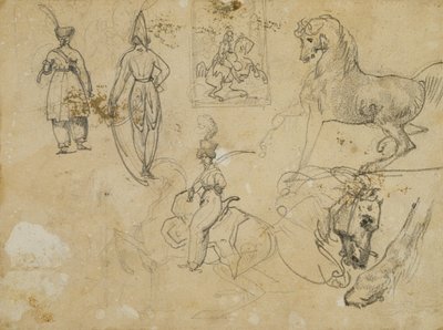 Schetsen van Russische officieren en paarden door Jean Louis André Théodore Géricault