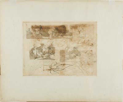 Schetsen van een cavalerieslag, hoofd en poten van een windhond door Jean Louis André Théodore Géricault