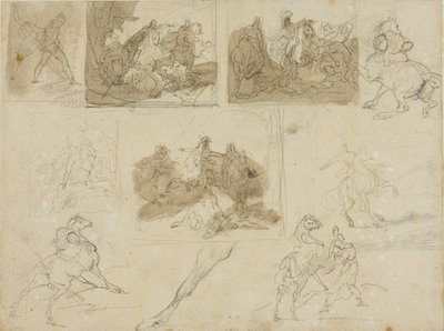 Schetsen van een cavalerieslag en studies van een trekpaard door Jean Louis André Théodore Géricault