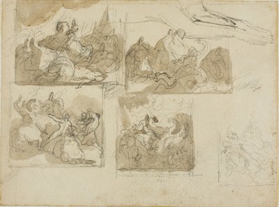 Schetsen van een cavalerieslag en de voorpoten van een hond door Jean Louis André Théodore Géricault