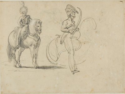 Schetsen van een bereden Chasseru en een cavalerieofficier met getrokken sabel door Jean Louis André Théodore Géricault
