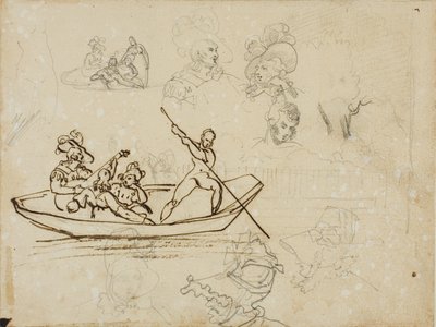 Schetsen van een muzikaal bootfeest en van een vrouw met een hoge hoed door Jean Louis André Théodore Géricault