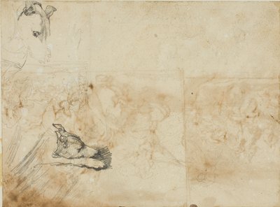 Schetsen van een ruiterslag en het hoofd van een hazewindhond door Jean Louis André Théodore Géricault