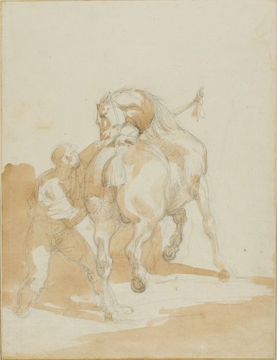 Staljongen verzorgt een paard door Jean Louis André Théodore Géricault