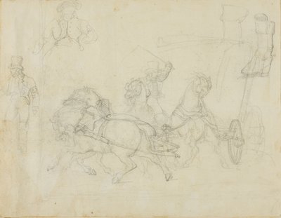 De postkoets getrokken door vijf paarden en andere schetsen door Jean Louis André Théodore Géricault