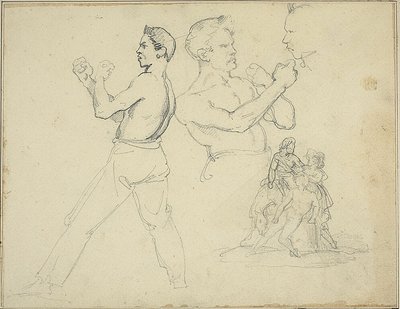 Studies van boksers en schets van ruiter bijgestaan door twee figuren door Jean Louis André Théodore Géricault