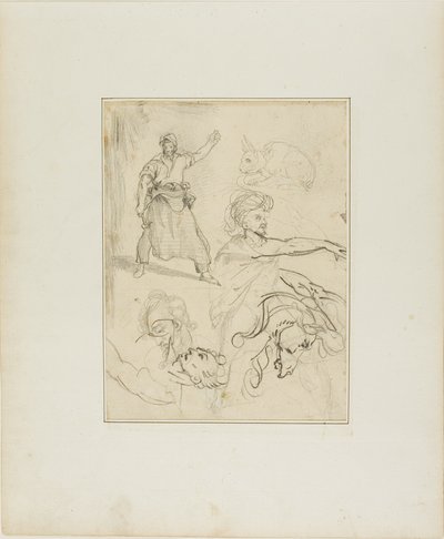 Studies van een smid en een paardenkop met schetsen van andere figuren en een konijn door Jean Louis André Théodore Géricault