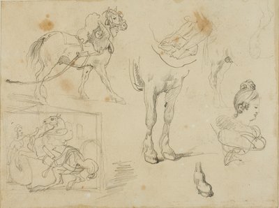 Studies van een trekpaard, een smid en een jonge vrouw door Jean Louis André Théodore Géricault