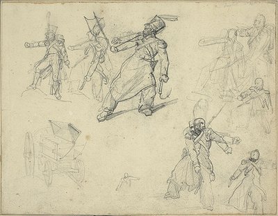 Studies van een grenadier en een munitiekar door Jean Louis André Théodore Géricault
