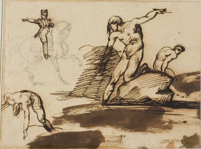 Studie van Napoleon te paard met schetsen van naakten tussen rotsen door Jean Louis André Théodore Géricault
