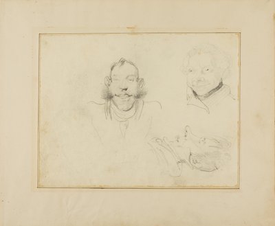 Drie karikaturen van hoofden door Jean Louis André Théodore Géricault
