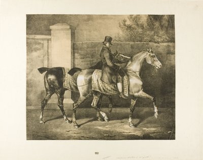 Twee paarden gelopen door een jockey door Jean Louis André Théodore Géricault