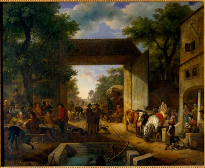 Een kermis bij de deur van een herberg. Schilderij door Jean Louis Demarne (1744-1829) 19e eeuw door Jean Louis Demarne
