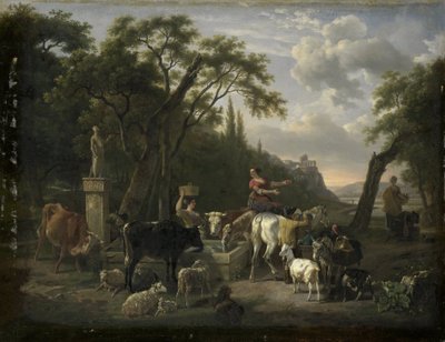 Italiaans Landschap met Herders en Dieren bij een Fontein door Jean Louis Demarne