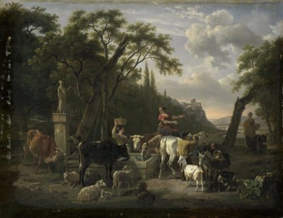 Italiaans landschap met herders en dieren bij een fontein door Jean Louis Demarne