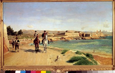 Antibes, de paardrijtocht. De kunstenaar en zijn zoon Charles (1848-1917), schilder door Jean Louis Ernest Meissonier