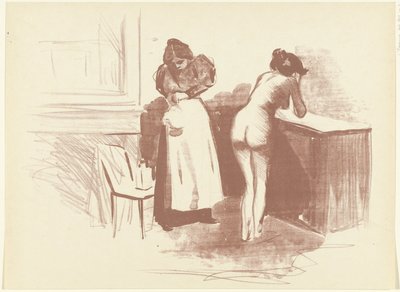 Naakte vrouw wast zich en bediende staat naast haar door Jean Louis Forain