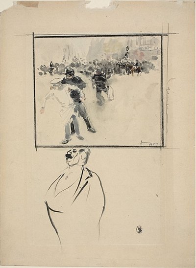 Schetsen van een ingelijste relscène en van een man (recto); Vrouw met een hoed (verso) door Jean Louis Forain