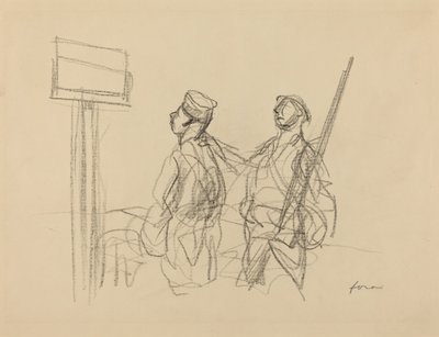 Twee soldaten kijken naar een plakkaat door Jean Louis Forain