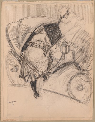 Vrouw die een Fiacre binnengaat (houtskool met zwarte inkt omkaderende lijnen) door Jean Louis Forain