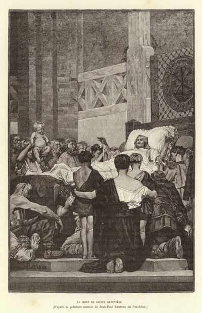 De dood van Sint Genevieve, ca. 512 (gravure) door Jean Louis Hamon