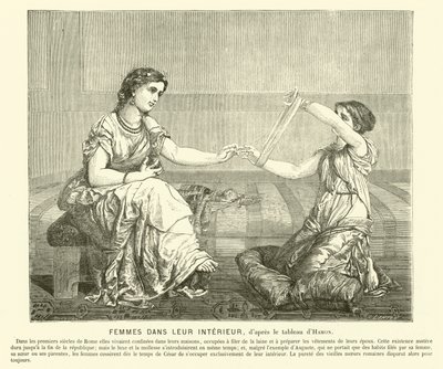 Vrouwen die wol spinnen in een huis, oud Rome door Jean Louis Hamon
