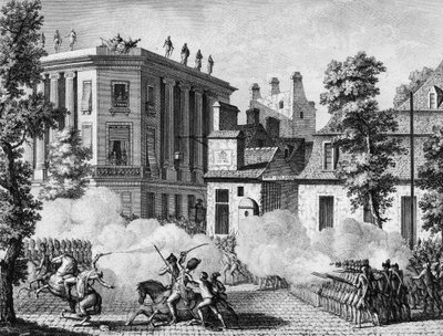 Franse Revolutie: Gevecht tussen de Duitse Koninklijke en de Franse Garde voor het depot van de Franse Garde op 12 juli door Jean Louis II (after) Prieur