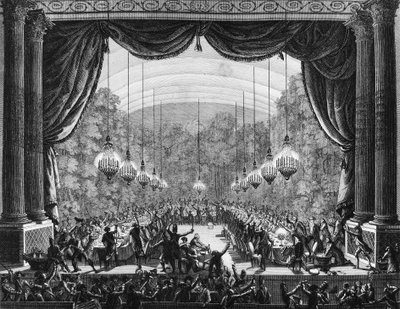 Franse Revolutie: Banket van de lijfwachten op 1 oktober 1789 in de operazaal van het kasteel van Versailles door Jean Louis II (after) Prieur
