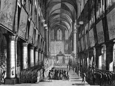 Franse Revolutie: Zegening van de vlaggen van de Nationale Garde door Monseigneur Juigne in de Notre Dame op 27 september door Jean Louis II (after) Prieur