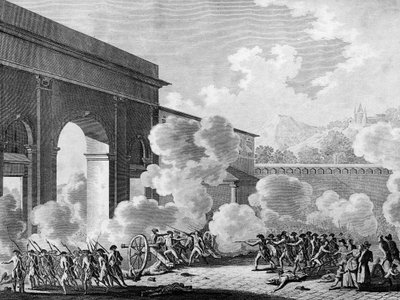 Franse Revolutie: Geval van Nancy op 31 augustus 1790 (muiterij van het garnizoen van de stad Nancy). Gravure door Berthaut naar Prior. Parijs, Bibliotheek van het Instituut voor Geschiedenis van de Revolutie door Jean Louis II (after) Prieur