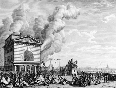 Franse Revolutie: Brand van de barrière van de conferentie in Parijs op 12 juli 1789. Gravure door Berthaut naar Prieur. Parijs, Bibliotheek van het Institut d
