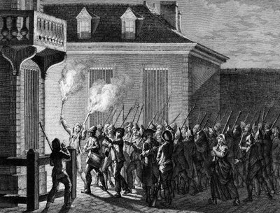 Franse Revolutie: Parijse wacht door het volk in de nacht van 12 op 13 juli 1789 door Jean Louis II (after) Prieur