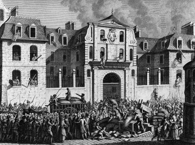 Franse Revolutie: Plundering van het huis Saint Lazare in Parijs op maandag 13 juli 1789 door de revolutionairen. Gravure door Berthaut naar Prior. Parijs, Bibliotheek van het Instituut voor Geschiedenis van de Revolutie door Jean Louis II (after) Prieur