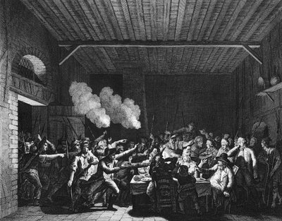 Franse Revolutie: De Patriotten van Varennes betreden de kruidenier Sauce en herkennen koning Lodewijk XVI (1754-1793) op de vlucht door Jean Louis II (after) Prieur