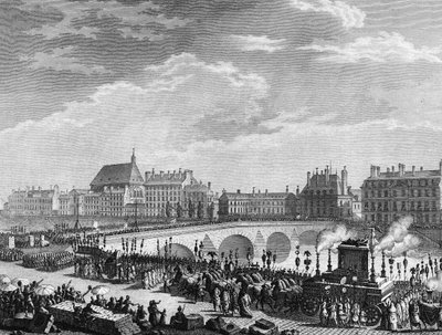 Franse Revolutie: Triomf van Francois Marie Arouet, bekend als Voltaire op 11 juli 1791. Gravure door Berthaut naar Prieur. Parijs, Bibliotheek van het Instituut voor Geschiedenis van de Revolutie. door Jean Louis II (after) Prieur
