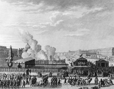 Franse Revolutie: Vrijwilligers op Pont Neuf in Parijs, 22 juli door Jean Louis II (after) Prieur