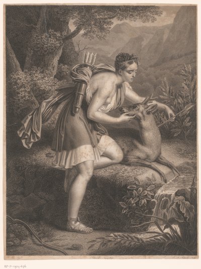 Nimf van Diana haalt een pijl uit de hals van een hert door Jean Louis Potrelle