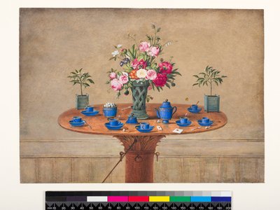 Stilleven met een vaas bloemen en een theeservies, 1810 door Jean Louis Prevost
