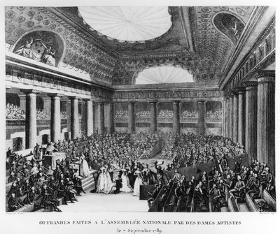 Aanbiedingen gedaan aan de Nationale Vergadering in de Salle des Menus-Plaisirs door vrouwelijke kunstenaars, 7 september 1789, gegraveerd door Pierre Gabriel Berthault (1737-1831) door Jean Louis Prieur