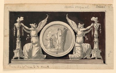 Decoratief paneel: Medaillon met offerscène tussen twee overwinningen die kandelabers versieren door Jean Louis Prieur the Younger