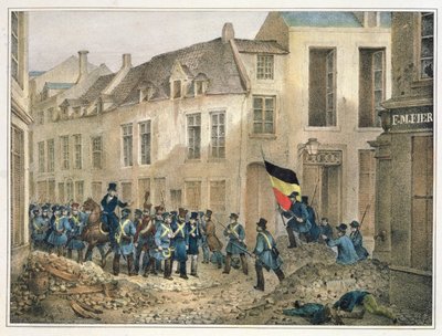 De Rue de Louvain, Brussel, 23 september 1830, gegraveerd door A.M. Jobard door Jean Louis Van Hemelryck